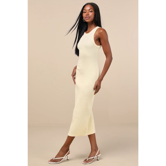 Lulus Majorly Trendy Dress Women's XS Light Yellow Midi Ribbed Bodycon NWT - Picture 3 of 12